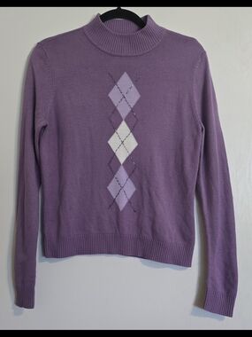 Jennifer Moore Womens Small Purple Argyle Mock Neck Sweater Long Sleeve